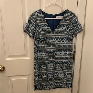 Blue Patterned V-Neck Dress